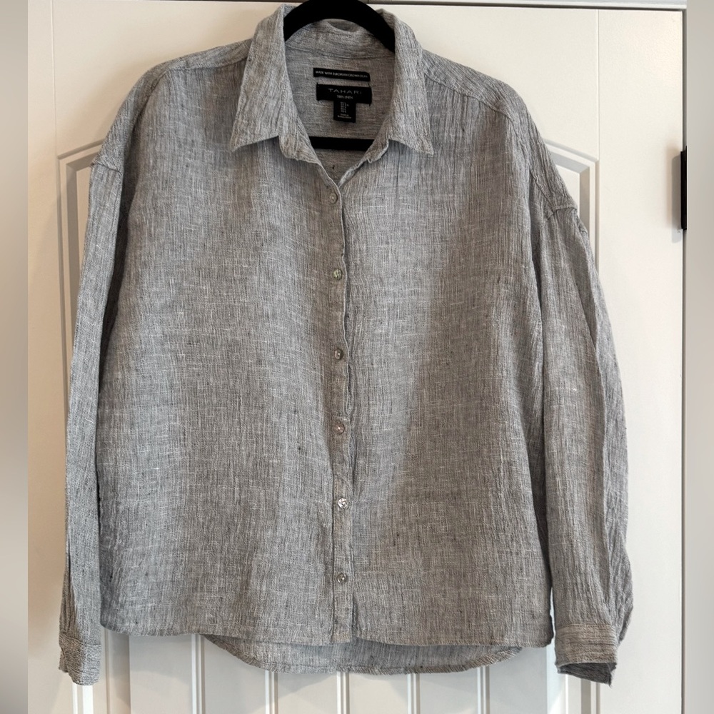 Tahari European Grown Flax Linen Button Up Shirt Size Large